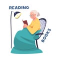 Alzheimer Prevention with Elderly Grey Haired Woman Sitting in Armchair and Reading Book Vector Illustration