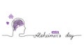 Alzheimer s day simple background, web banner, poster with brain and puzzle. One continuous line drawing background with