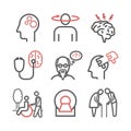 Alzheimer`s disease and dementia. Symptoms. Line icons set. Vector signs for web graphics.