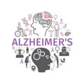 Alzheimer`s disease and dementia. Symptoms, Treatment. Line icons set. Vector banner.