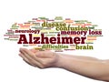 Alzheimer`s disease symtoms abstract word cloud held in hands