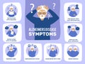 Alzheimer symptoms. Medical infographic with dementia characters people loss memory recent vector illustrations with