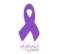 Alzheimers awareness month Novermber handwritten lettering. Alzheimers warrior phrase. Purple support ribbon. Web banner