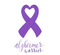 Alzheimers awareness month Novermber handwritten lettering. Alzheimers warrior phrase. Purple support ribbon. Web banner