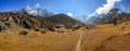 Ama Dablam and Chamlang mountains village resort panorama. Royalty Free Stock Photo