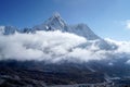 Ama Dablam 6814m clouds covered peak View near Dingboche settlement in Sagarmatha National Park, Nepal. Everest Base Camp EBC