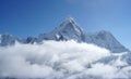 Ama Dablam 6814m clouds covered peak View near Dingboche settlement in Sagarmatha National Park, Nepal. Everest Base Camp EBC