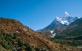 Ama Dablam 6814m peak covered with snow and ice. Imja Khola valley in Sagarmatha National Park. Everest Base Camp EBC trekking