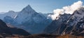 Ama Dablam mountain peak, most beautiful peak in Everest region view from Chola pass, Hima;ayas mountain, Nepal. Panoramic banner Royalty Free Stock Photo