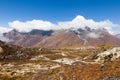 Ama Dablam mountain snow peaks covered clouds.