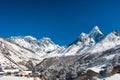 Ama Dablam and Mt. Everest peaks covered with snow in Tengboche pass. Trekking in Nepal Himalayas. EBC Everest base camp trek Royalty Free Stock Photo