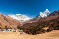 Ama Dablam and Mt. Everest peaks in Tengboche pass. Trekking in Nepal Himalayas. EBC Everest base camp trek trail upper part Royalty Free Stock Photo