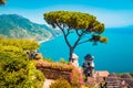 Amalfi Coast with Gulf of Salerno from Villa Rufolo gardens in Ravello, Campania, Italy