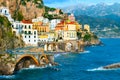 Amalfi coast, Italy. Beautiful view of Atrani town with colorful architecture at sunset Royalty Free Stock Photo