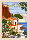 Amalfi Coast Italy, mediterranean romantic landscape, mountains, seaside town, sea. Retro poster travel