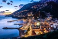 Amalfi coast Salerno, Positano, Campania, Italy. Night city view at sunset. Royalty Free Stock Photo