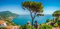 Amalfi Coast from Villa Rufolo gardens in Ravello, Campania, Italy