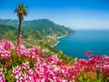 Amalfi Coast from Villa Rufolo gardens in Ravello, Campania, Italy