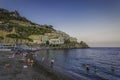 Amalfi, Italy - 26 August 2017: View of people on the beach along the Mediterranean Sea in Amalfi small town, Salerno, Italy Royalty Free Stock Photo