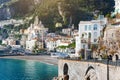 Amalfi panoramic view of sea, beach and houses, Amalfi coast, Italy