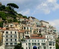 Amalfi terrace houses view. White stone buidings in south Italy. Positano region town from coastline