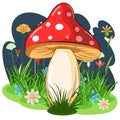 Amanita fly agaric on the background of a night flowering meadow. Cartoon flat style. Landskape Wildflowers and grass