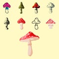 Amanita fly agaric toadstool mushrooms fungus different art style Royalty Free Stock Photo