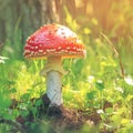 Amanita magic Large mushroom with distinctive red hat close up
