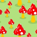 Amanita on meadow in forest seamless pattern. Red mushroom texture. Ornament of cute mushrooms. Royalty Free Stock Photo