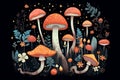 Amanita muscaria. Magic mushrooms. Psychedelic hallucination. Vibrant illustration. 60s 70s hippie colorful art