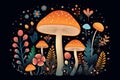 Amanita muscaria. Magic mushrooms. Psychedelic hallucination. Vibrant illustration. 60s 70s hippie colorful art