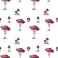 Amanita muscaria seamless pattern. Fly agaric mushroom. White spotted beautiful red mushrooms in natural context. Hand drawn