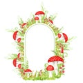 Amanita muscaria watercolor frame with ribbon banner, Fly agaric mushroom with grass. White spotted toxic red mushrooms
