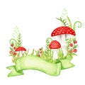 Amanita muscaria watercolor with ribbon banner, Fly agaric mushroom with grass. White spotted toxic red mushrooms. Hand
