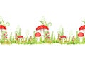 Amanita muscaria watercolor seamless border, Fly agaric mushroom with grass. White spotted toxic red mushrooms. Hand