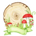 Amanita muscaria watercolor wooden signboard frame with ribbon banner, Fly agaric mushroom with grass, wood banners