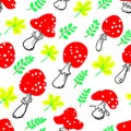 Amanita seamless pattern. Mushroom background with autumn leaves