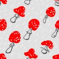 Amanita seamless pattern. Mushroom background with rainy drops.