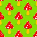 Amanita seamless pattern. Red mushroom with white spots. Toxic p