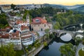 Amarante drone aerial view with beautiful church and bridge in Portugal at sunrise