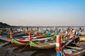 Amarapura, Mandalay, Myanmar - January 28, 2019 : The peoples at U-Bein oldes teakwood bridge in the world is made from the remain Royalty Free Stock Photo