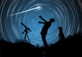 An amateur astronomer rejoices when he sees a shooting star, or comet in the night sky Royalty Free Stock Photo