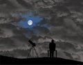 An amateur astronomer sits and waits for an opening in the clouds so he can view the sky with his telescope