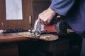 Amateur carpenter uses the power saw Royalty Free Stock Photo