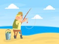 Amateur Fisherman Character Standing on Sea Shore and Catching Fish with Rod Cartoon Vector Illustration