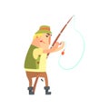 Amateur Fisherman In Khaki Clothes Placing A Worm Bait On Hook Cartoon Vector Character And His Hobby Illustration