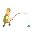 Amateur Fisherman In Khaki Clothes Seeing The Fish To Take The Bait Cartoon Vector Character And His Hobby Illustration