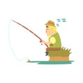 Amateur Fisherman In Khaki Clothes Sleeping On River Bank With Fishing Rod Cartoon Vector Character And His Hobby Royalty Free Stock Photo