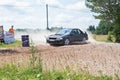 Amateur rally, dirt road, car with rider. Latvia 2018 Royalty Free Stock Photo