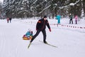 Amateur skiers in the winter forest